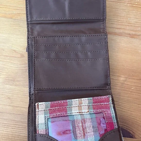 LONGABERGER WALLET 3 folded Brown Leather/Textil Zip/Magnet - Picture 2 of 9